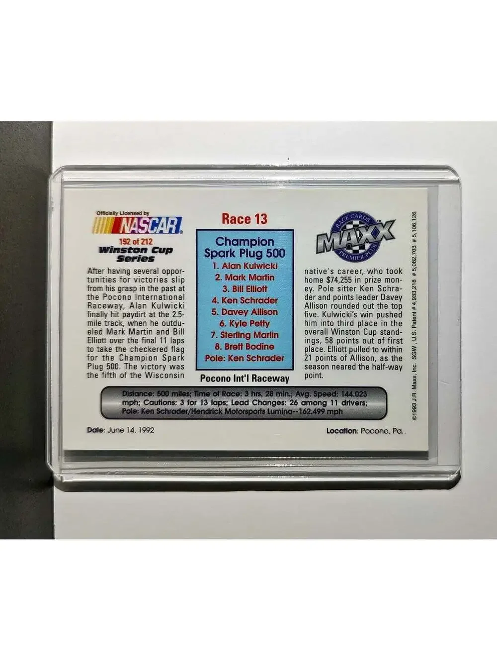 Race 13 Pocono YR 1993 Maxx Premier Plus Racing #192 NASCAR Card AK Racing
